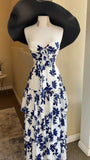 Simple A line Strapless Sleeveless Royal Blue Floral Prom Dress HZ1024