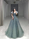 Modest A line Off The Shoulder Cap Sleeves Tulle Beads Prom Dress HZ1024