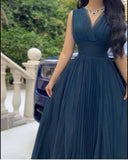 Modest A line V neckline Tulle Navy Blue Long Prom Dress HZ1024