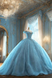 Modest Ball Gown Off The Shoulder Tulle Long Light Sky Blue Formal Sweet 16 Dress Prom Dresses HZ1024