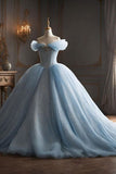 Modest Ball Gown Off The Shoulder Tulle Long Light Sky Blue Sweet 16 Dress Prom Dresses HZ1024