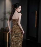 Sheath Strapless Sequin Gold Long Prom Dresses HZ1024