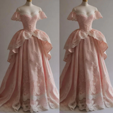 Retro Ball Gown Off The Shoulder Pink Satin Lace Long Prom Dress HZ1024