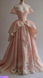 Retro Ball Gown Off The Shoulder Pink Satin Lace Long Prom Dress HZ1024