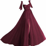Vintage A line Straps Burgundy Tulle Long Evening Dress Prom Dresses HZ1024