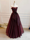 Vintage A-Line Burgundy Organza Burgundy Long Prom Dress HZ1024