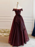 Vintage A-Line Burgundy Organza Burgundy Long Prom Dress HZ1024
