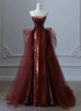 Elegant Mermaid Strapless Sequin Burgundy Long Prom Dresses HZ1024
