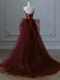 Elegant Mermaid Strapless Sequin Burgundy Long Prom Dresses HZ1024