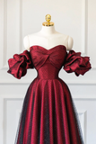 Vintage A line Off The Shoulder Burgundy Tulle Long Evening Dress Prom Dresses HZ1024