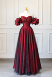 Vintage A line Off The Shoulder Burgundy Tulle Long Evening Dress Prom Dresses HZ1024
