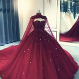 Elegant Hot Ball Gown Lace Burgundy Quinceanera Dresses With Cape Long Prom Dresses HZ1024