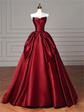 Vintage A line Strapless Burgundy Satin Long Evening Dress Prom Dresses HZ1024