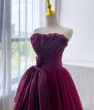 Vintage A line Strapless Burgundy Tulle Evening Dress Prom Dresses HZ1024