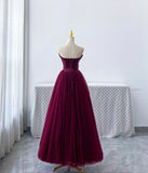 Vintage A line Strapless Burgundy Tulle Evening Dress Prom Dresses HZ1024