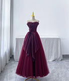 Vintage A line Strapless Burgundy Tulle Evening Dress Prom Dresses HZ1024