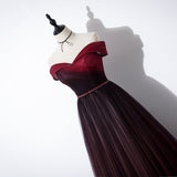 Vintage A line Off The Shoulder Burgundy Tulle Evening Dress Prom Dress HZ1024