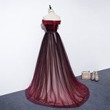 Vintage A line Off The Shoulder Burgundy Tulle Evening Dress Prom Dress HZ1024