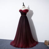 Vintage A line Off The Shoulder Burgundy Tulle Evening Dress Prom Dress HZ1024