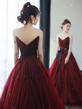Vintage Ball Gown Strapless Burgundy Tulle Evening Dress Prom Dress HZ1024