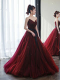 Vintage Ball Gown Strapless Burgundy Tulle Evening Dress Prom Dress HZ1024