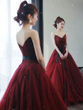 Vintage Ball Gown Strapless Burgundy Tulle Evening Dress Prom Dress HZ1024