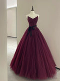 Vintage Ball Gown Strapless Burgundy Tulle Evening Dress Prom Dress HZ1024