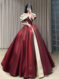 Ball Gown Off The Shoulder Satin Burgundy Long Prom Dresses HZ1024