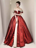 Ball Gown Off The Shoulder Satin Burgundy Long Prom Dresses HZ1024