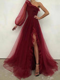 Vintage A line One Shoulder Long Sleeve Burgundy Slit Evening Dress Prom Dress HZ1024