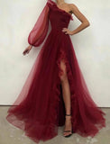 Vintage A line One Shoulder Long Sleeve Burgundy Slit Evening Dress Prom Dress HZ1024