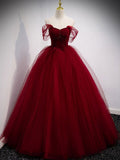 Puffy Ball Gown Burgundy Long Red Prom Dress For Formal Prom Dresses HZ1024