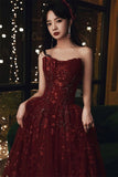 Burgundy Tulle Long Lace Prom Dresses, Wine Red Tulle Long Lace Formal Evening Dress HZ1024