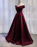 Vintage A line Off The Shoulder Burgundy Satin Evening Dress Prom Dress HZ1024