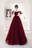 Burgundy Tulle Long Prom Dresses Wine Red Tulle Formal Evening Dress HZ1024