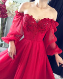 Cute A Line Long Sleeves Red Burgundy Tulle Ankle Length Prom Dress HZ1024