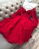 Cute A Line Long Sleeves Red Burgundy Tulle Ankle Length Prom Dress HZ1024