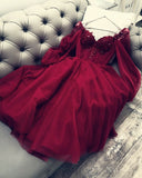 Cute A Line Long Sleeves Red Burgundy Tulle Ankle Length Prom Dress HZ1024