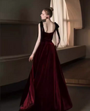 Simple A Line Burgundy Velvet Long Prom Dresses HZ1024