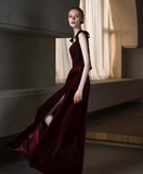 Simple A Line Burgundy Velvet Long Prom Dresses HZ1024