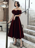 Vintage A Line Off The Shoulder Burgundy Velvet Evening Dress Prom Dress HZ1024