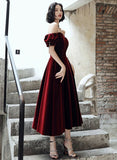 Vintage A Line Off The Shoulder Burgundy Velvet Evening Dress Prom Dress HZ1024