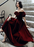 Vintage A Line Off The Shoulder Burgundy Velvet Evening Dress Prom Dress HZ1024