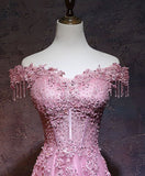 Vintage A Line Off The Shoulder Pink Tulle Evening Dress Prom Dress HZ1024
