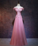 Vintage A Line Off The Shoulder Pink Tulle Evening Dress Prom Dress HZ1024