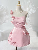 Cute A line Spaghetti Straps Satin Pink Homecoming Dress Party Dress HZ1024
