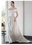 Vintage A line Off The Shoulder White Long Wedding Dresses HZ1024