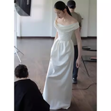 Vintage A line Off The Shoulder White Long Wedding Dresses HZ1024