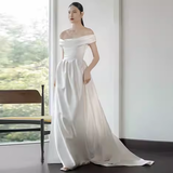 Vintage A line Off The Shoulder White Long Wedding Dresses HZ1024