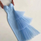 Sexy Mermaid Strapless Satin Light Sky Blue Long Prom Dress HZ1024